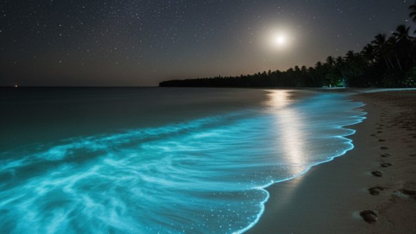 Bioluminescent waves glow blue dark tropical beach