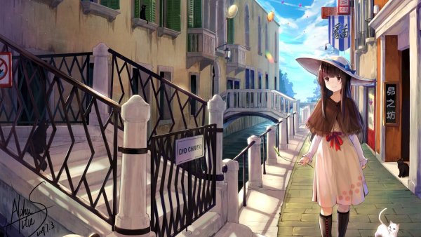 anime-girl-canal-walking-dress-cute-cat-brown-hair-anime