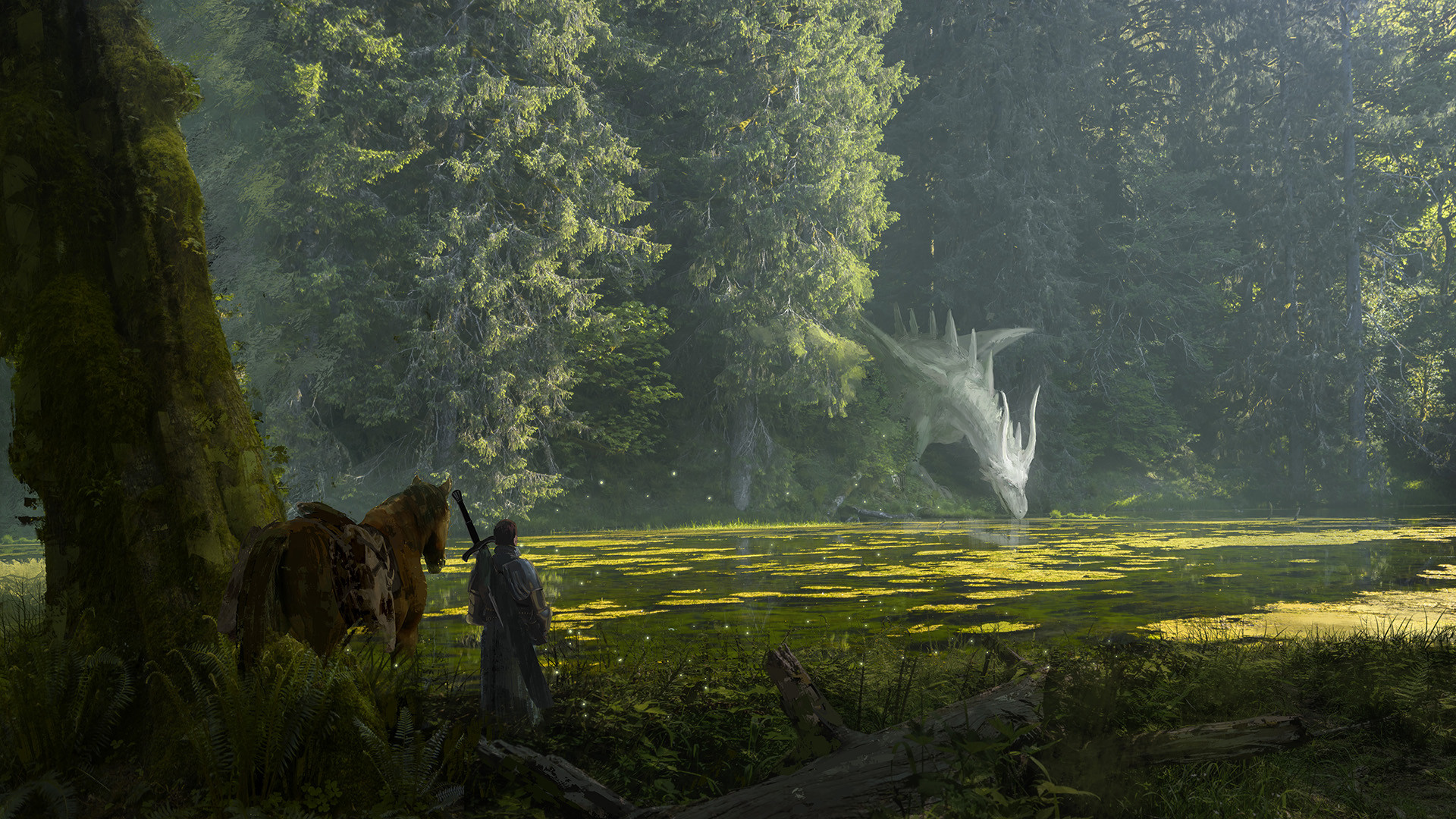digital-art-landscape-forest-warrior-horse-dragon-fantasy-art