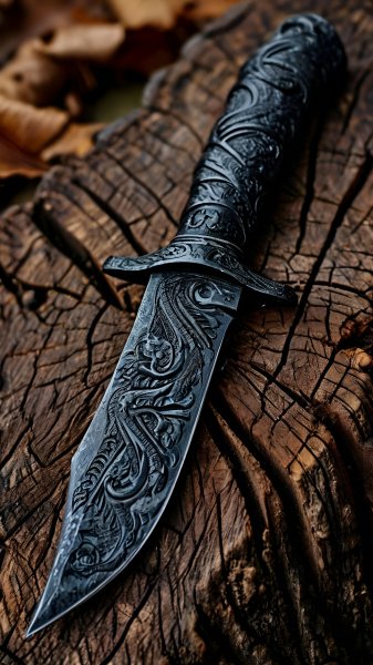Knife-with-black-carved-handle-wooden-201124