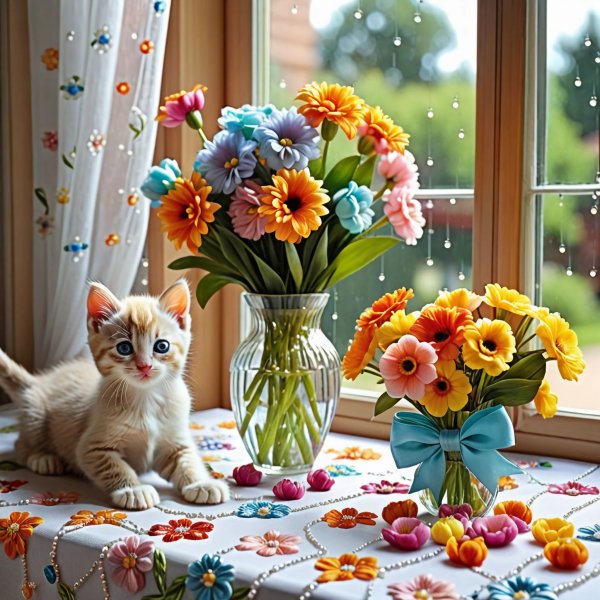 Котята и ваза с цветами.31