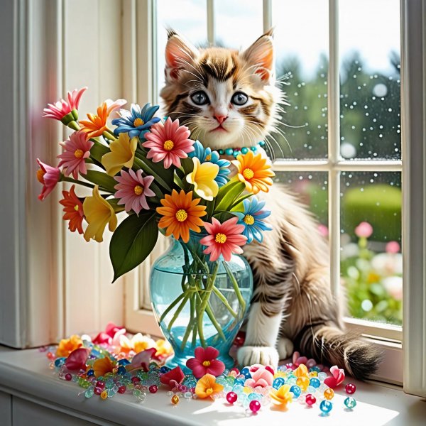 Котята и ваза с цветами.26