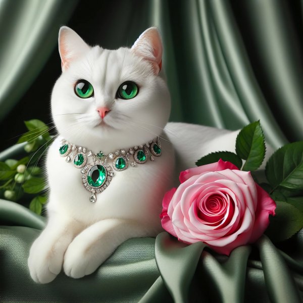 Кошка,белая,глаза зеленые,украшения,роза.13