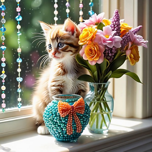 Котята и ваза с цветами.13