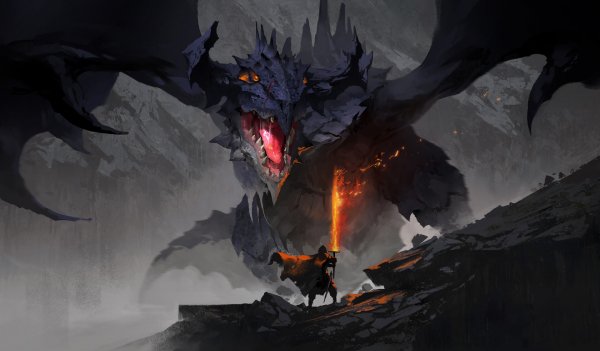Fentezi-art-drakon-past-chelovek-oruzhie-protivostoianie-boi