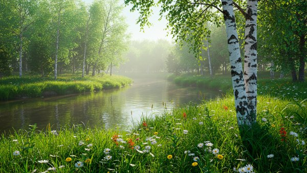 Rechka protekaushaja skvoz berezovuu roshu