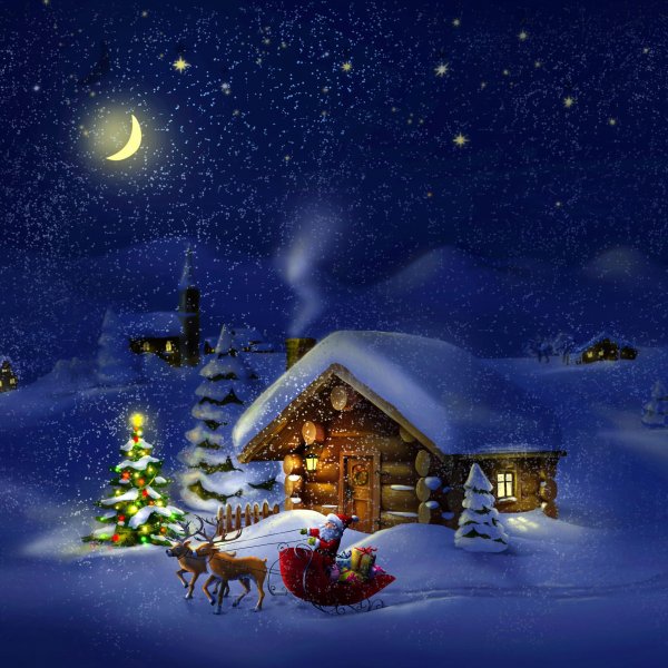 christmas night cottage sky trees new year hd-wall