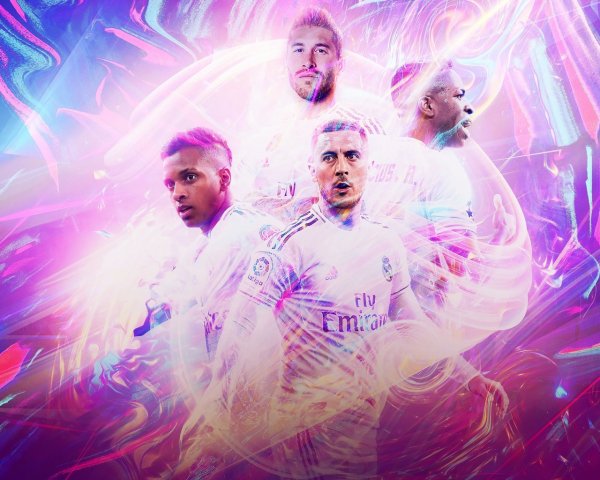 Football players from the club Real Madrid on a colorful