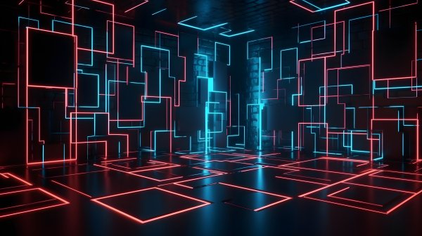 Futuristic-dark-room-neon-lights-geometric-abstract