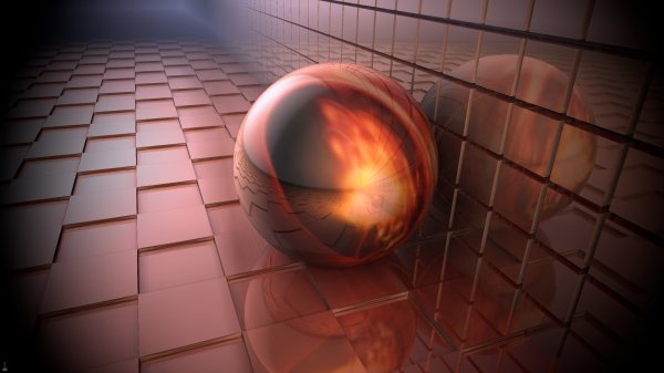 Orange-sphere-reflection-smooth-geometry-metallic