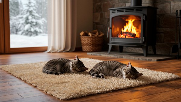 Spjashie kotjata v zagorodnom dome u pechki na