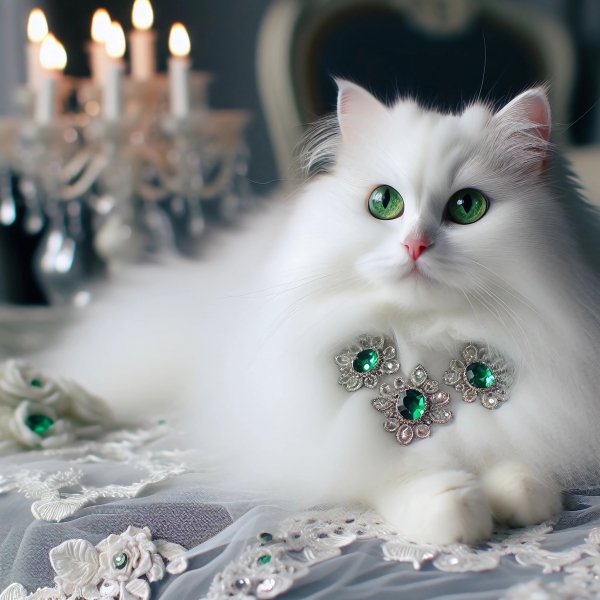 Кошка,белая,пушистая,украшения,изумруды.12