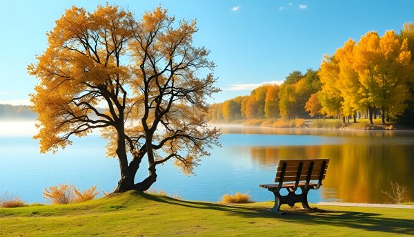Пейзаж,осень,дерево,скамейка,водоем.14