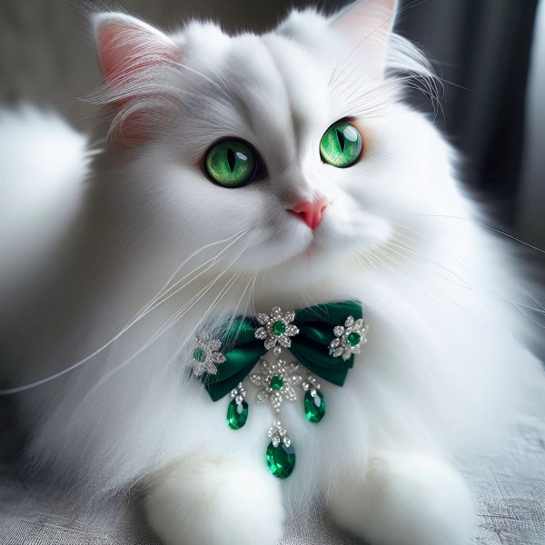 Кошка,белая,пушистая,украшения,изумруды.01
