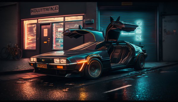 Delorean dmc12 s otkritimi dvermi na ulice nochnogo