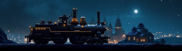 parovoz stoit rjadom s domom na fone nochnogo