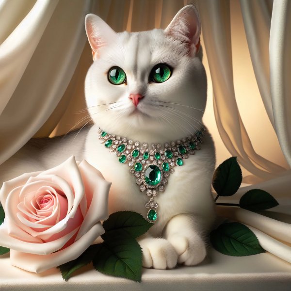 Кошка,белая,глаза зеленые,украшения,роза.02
