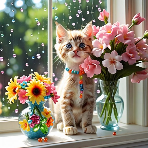 Котята и ваза с цветами.24