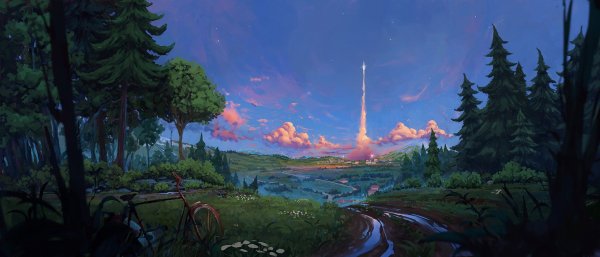 Landscape-rocket-launch-forest-trees-bicycle-evening-sunset