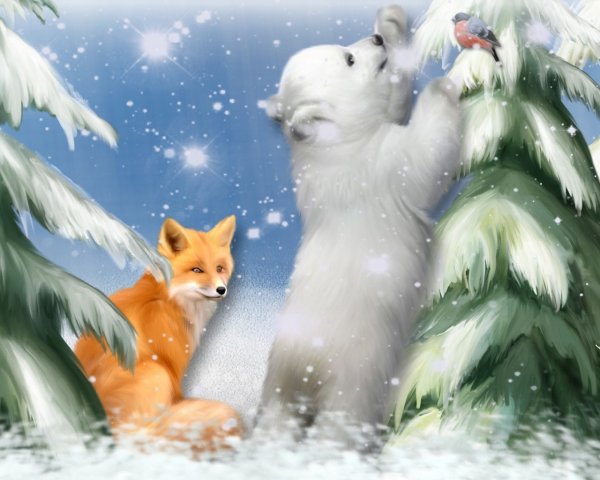 арт живопись елки снег снежинки лиса мед