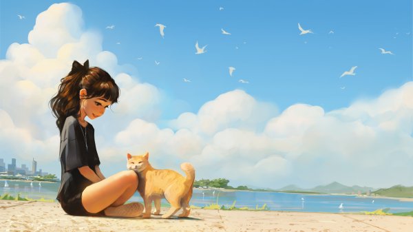 Cat And Anime Girl Enjoying A Sunny Beach Day