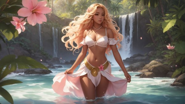 Anime girl blonde jungle lake