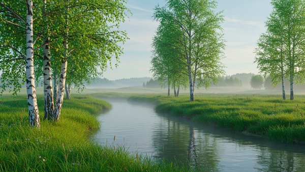 Rechka protekaushaja cherez zelenij lug s berezami