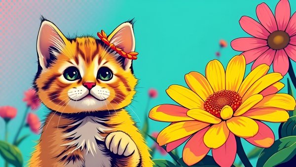 Котёнок,цветы,векторная графика.18