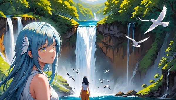 Аниме,девушка,водопад.04