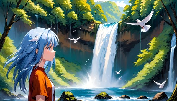 Аниме,девушка,водопад.07