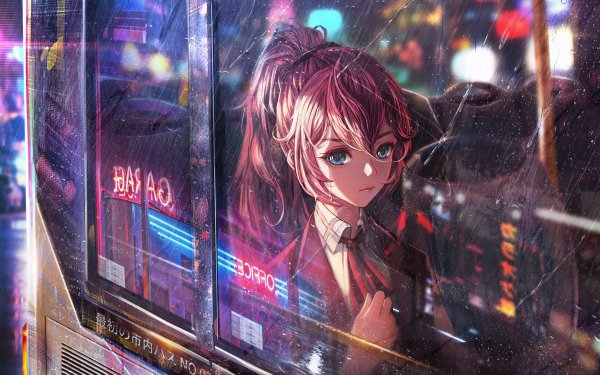 Anime Girl Bus Window Neon City