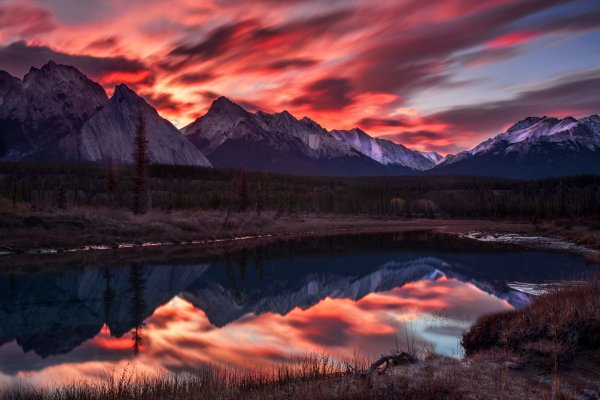 Alberta-kanada-otrazhenie-gory-zakat-vecher-les-bereg-eli-ne
