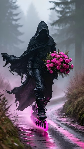 Dark-man-in-cloak-neon-rollers-and-flowers-160325