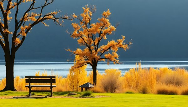 Пейзаж,осень,дерево,скамейка,водоем.01