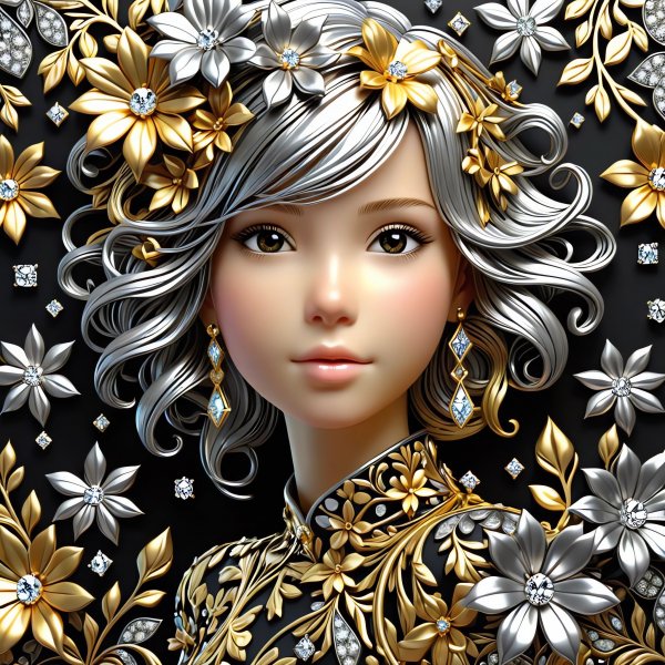 Аниме,девушка,3d,цветы,золото,серебро,стразы.14