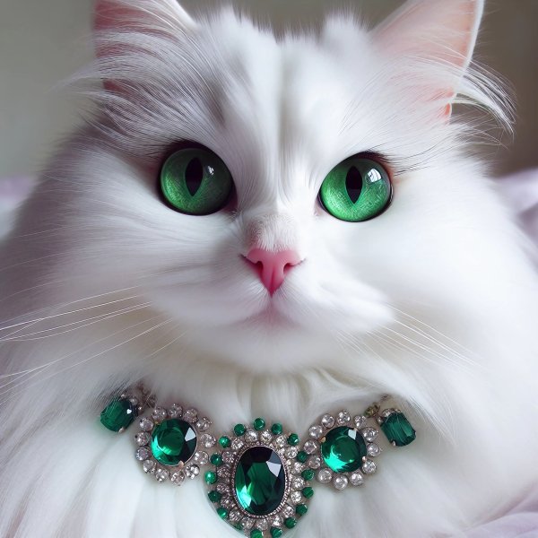 Кошка,белая,пушистая,украшения,изумруды.14
