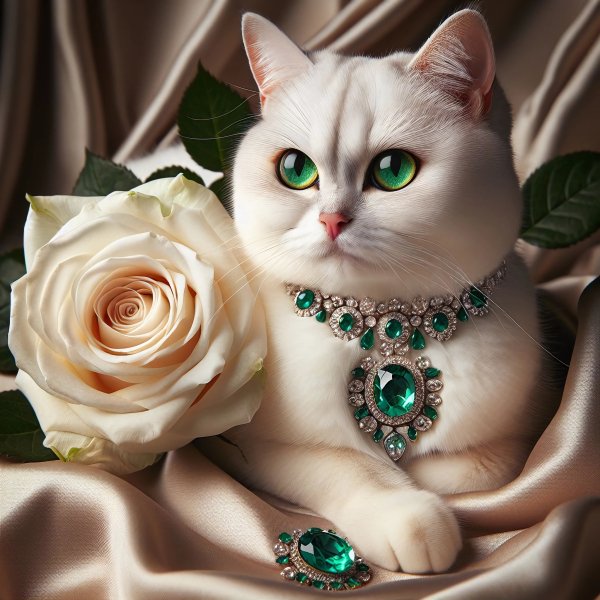 Кошка,белая,глаза зеленые,украшения,роза.03