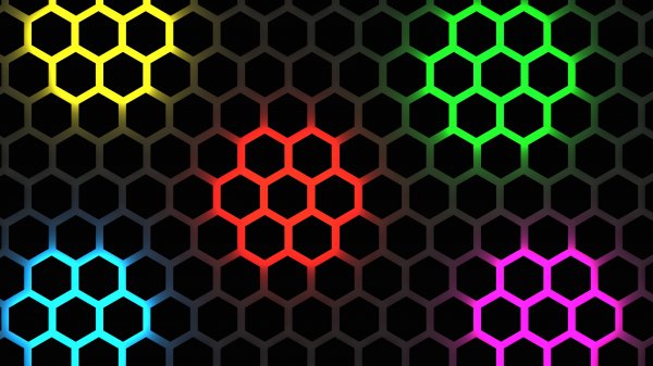 Hexagons-neon-colors-black-background-red-yellow