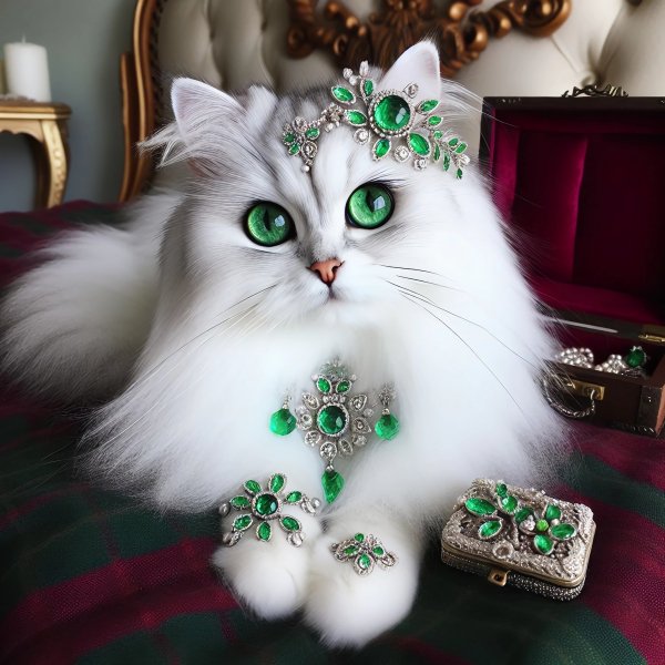 Кошка,белая,пушистая,украшения,изумруды.03