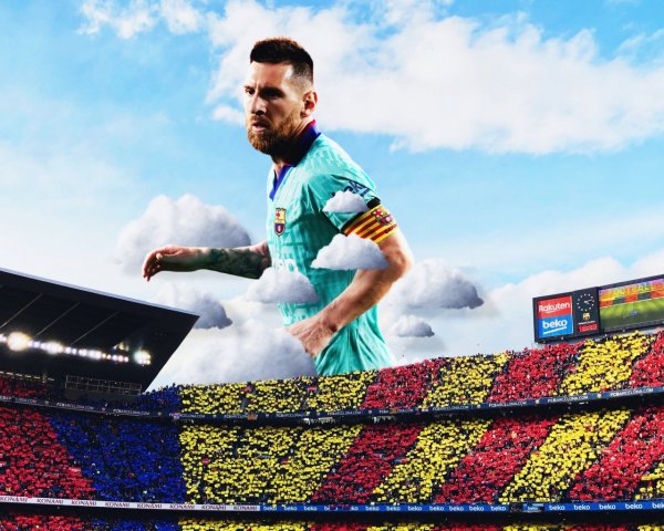 Soccer player Lionel Messi in the sky above a football f