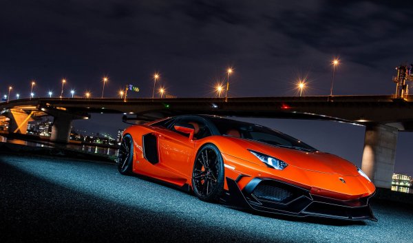 lamborghini-aventador-orange-vag-bridge-night-lights