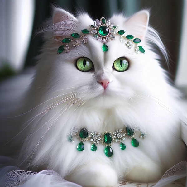 Кошка,белая,пушистая,украшения,изумруды.11