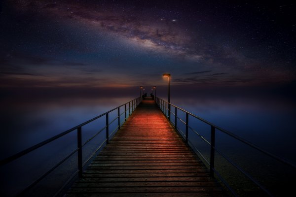 Деревянный пирс Ночное небо Обои