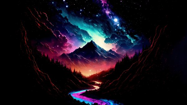 Night-sky-colorful-clouds-mountain-valley-digital-art