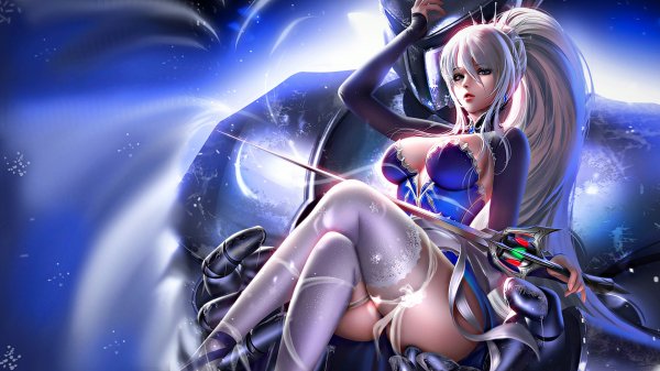 risovannaja devushka s mechom sidit na rukah jeleznogo