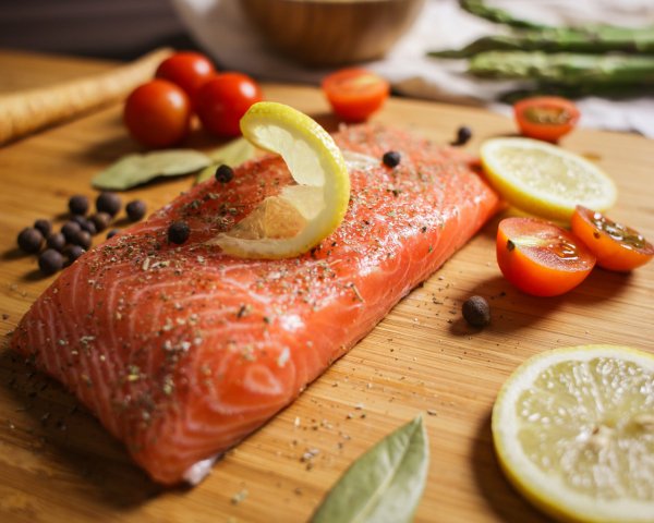 Food Seafood A piece of red fish on a board with lemon