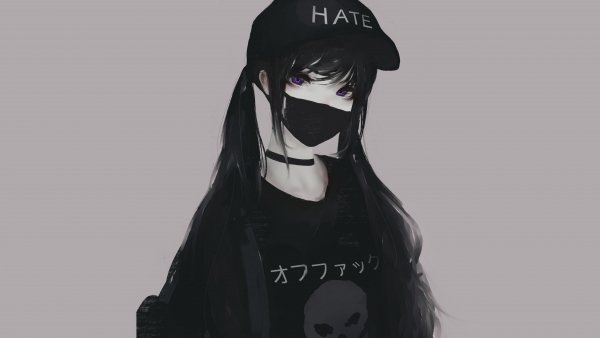 Anime Girl Face Mask Purple Eyes Twintails Hate