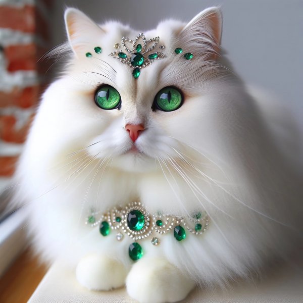 Кошка,белая,пушистая,украшения,изумруды.10