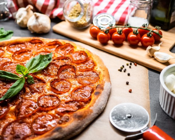 Food Pizza Pepperoni pizza on the table with vegetables