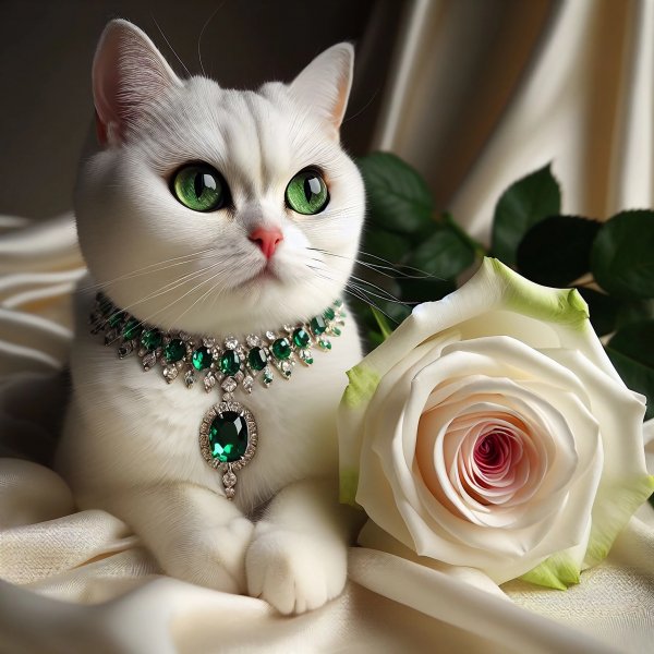 Кошка,белая,глаза зеленые,украшения,роза.08